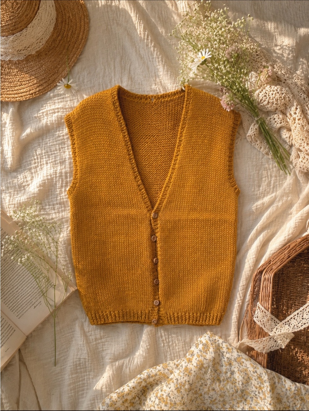Vintage Mustard Yellow Cottagecore Boho Prairie  Handmade Knit Sweater Vest M - Picture 3 of 10